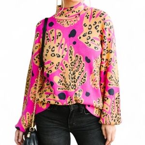 Dance Around It Mixed Print Sweater – Fuchsia Pink, Large 🐆💗